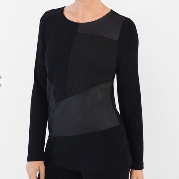 Chico's Tops - Chico’s Size 2 Travelers Classic Patchwork‎ Detail Top Black Leather Size Large